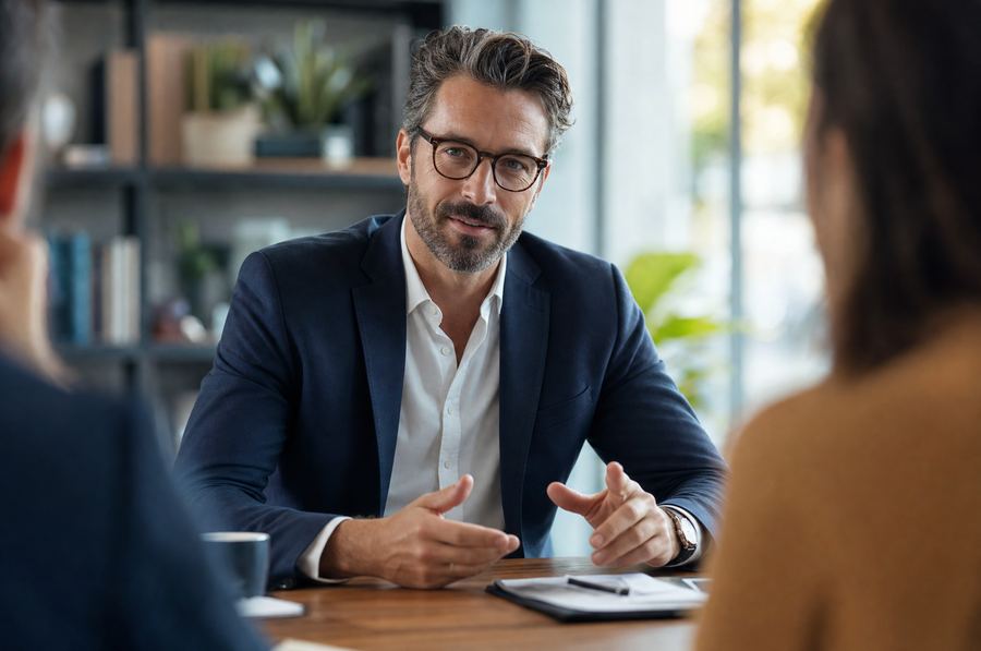 Confident professional leading a meeting